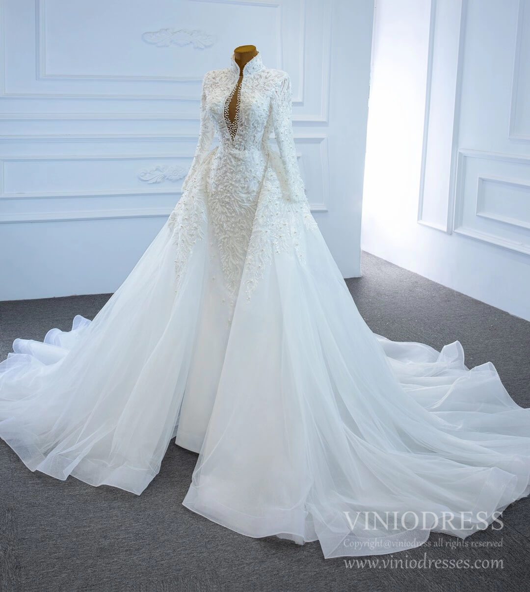 Vintage High Neck Pearl Beaded Wedding Gown with Long Sleeves 67218-wedding dresses 2025 -Viniodress-Ivory-Custom Size-