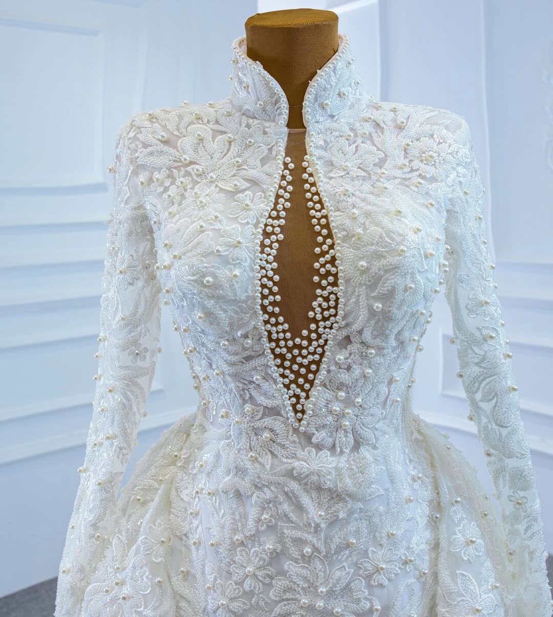 Vintage High Neck Pearl Beaded Wedding Gown with Long Sleeves 67218-wedding dresses 2025 -Viniodress-Ivory-Custom Size-