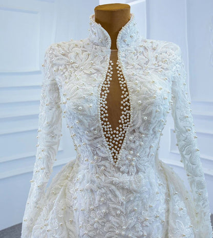 Vintage High Neck Pearl Beaded Wedding Gown with Long Sleeves 67218-wedding dresses 2025 -Viniodress-Ivory-Custom Size-