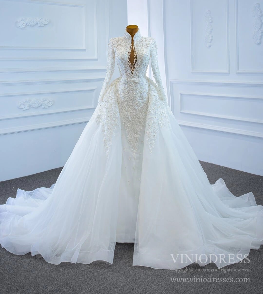 Vintage High Neck Pearl Beaded Wedding Gown with Long Sleeves 67218-wedding dresses-Viniodress-Viniodress