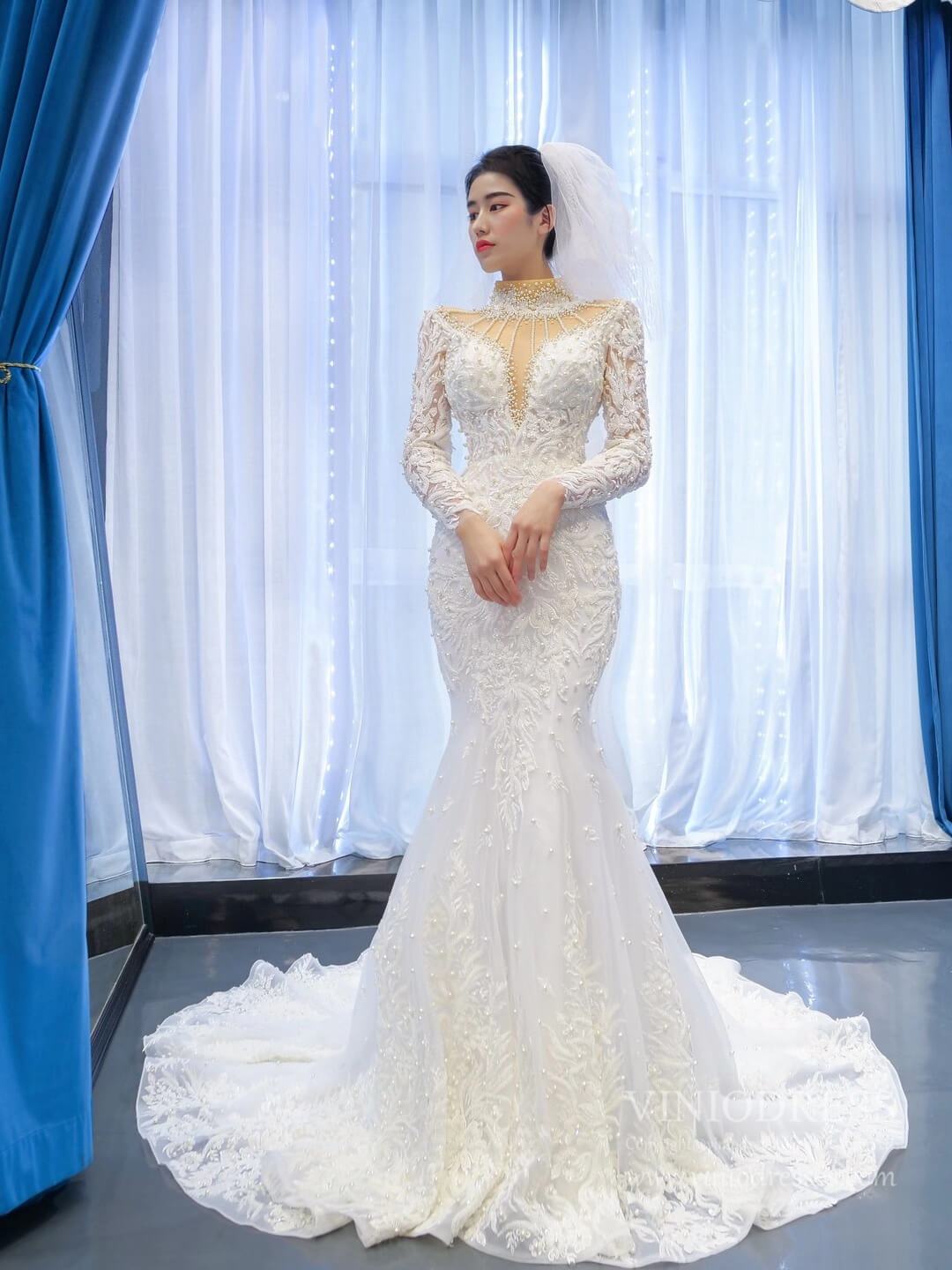 Vintage High Neck Pearl Mermaid Wedding Dresses with Long Sleeves 67219-wedding dresses 2025 -Viniodress-Ivory-Custom Size-