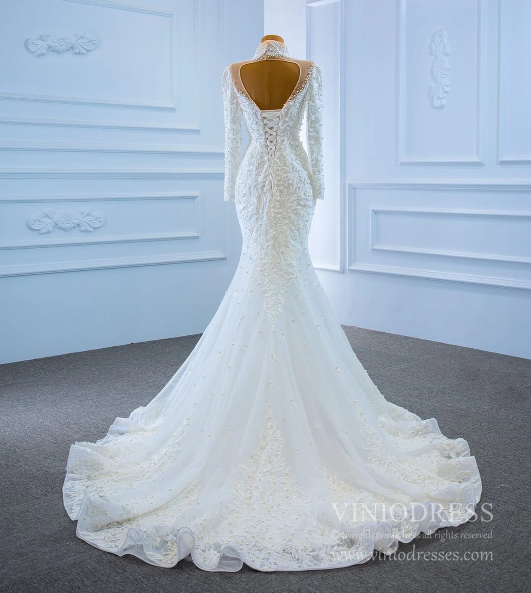 Vintage High Neck Pearl Mermaid Wedding Dresses with Long Sleeves 67219-wedding dresses 2025 -Viniodress-Ivory-Custom Size-