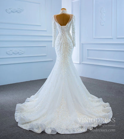 Vintage High Neck Pearl Mermaid Wedding Dresses with Long Sleeves 67219-wedding dresses 2025 -Viniodress-Ivory-Custom Size-