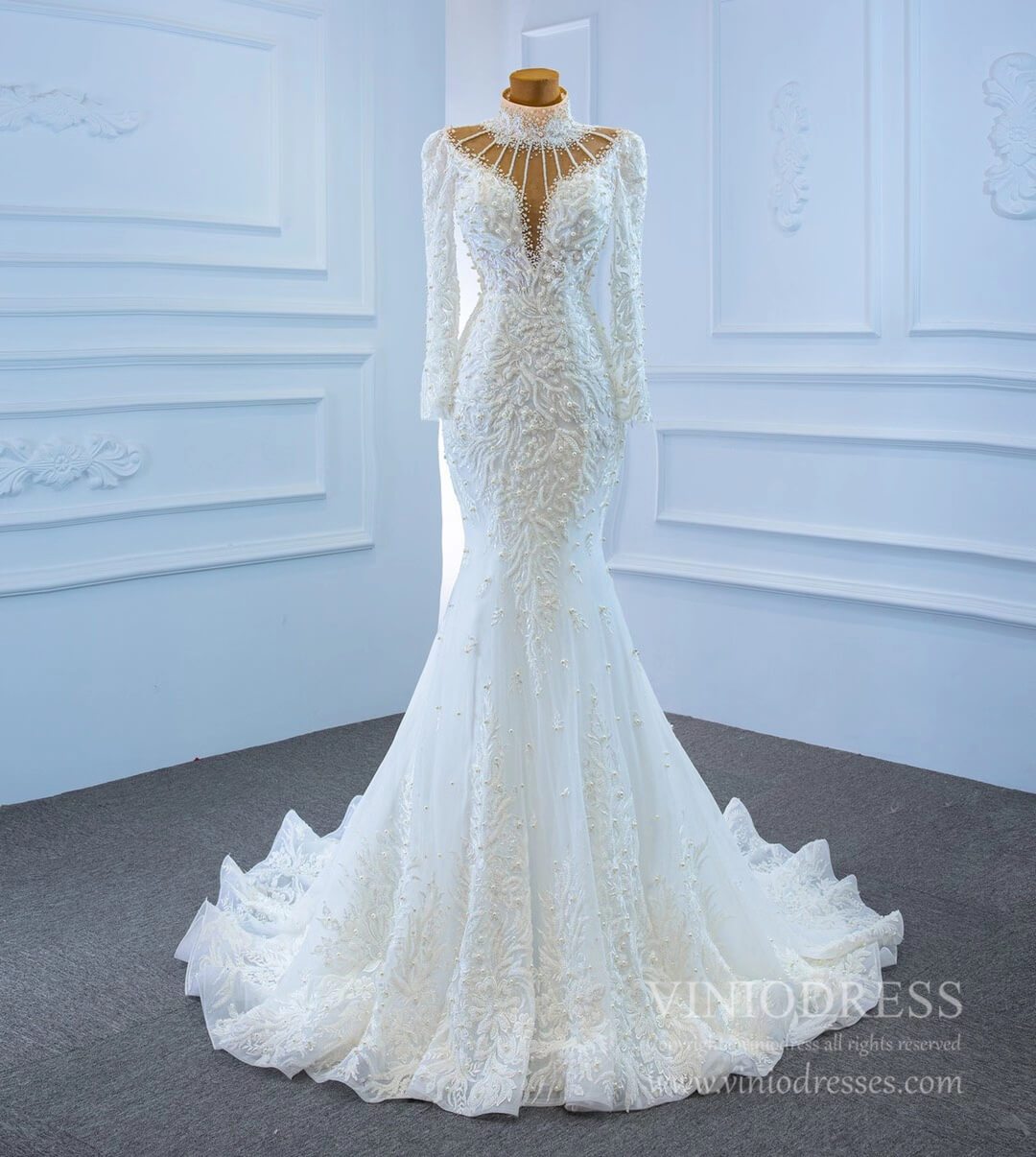 Vintage High Neck Pearl Mermaid Wedding Dresses with Long Sleeves 67219-wedding dresses 2025 -Viniodress-Ivory-Custom Size-