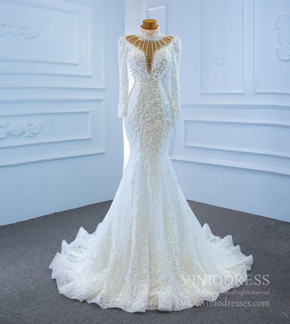 Vintage High Neck Pearl Mermaid Wedding Dresses with Long Sleeves 67219-wedding dresses 2025 -Viniodress-Ivory-Custom Size-