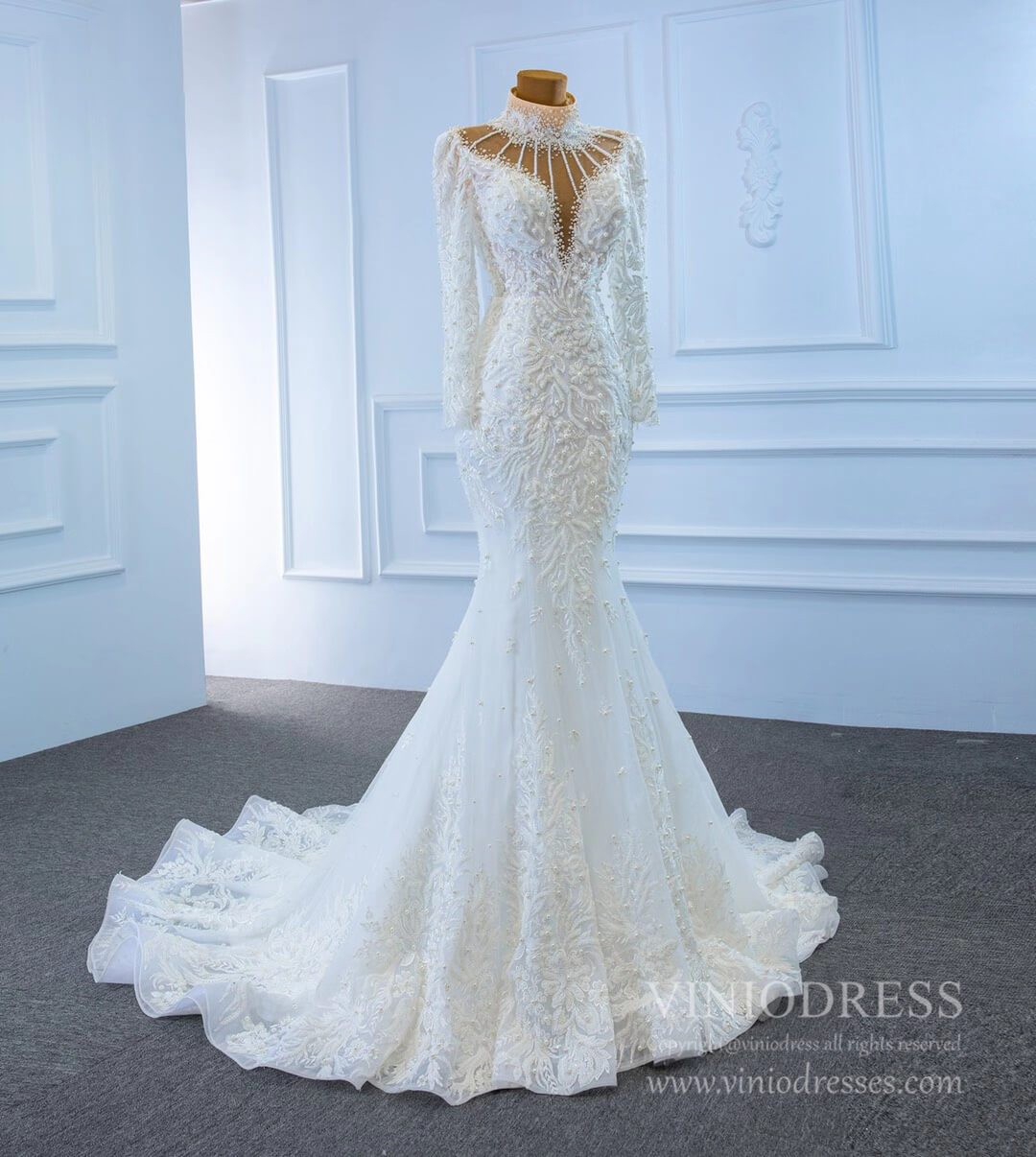 Vintage High Neck Pearl Mermaid Wedding Dresses with Long Sleeves 67219-wedding dresses 2025 -Viniodress-Ivory-Custom Size-