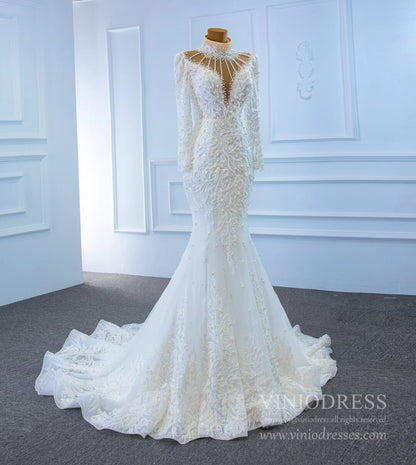 Vintage High Neck Pearl Mermaid Wedding Dresses with Long Sleeves 67219-wedding dresses 2025 -Viniodress-Ivory-Custom Size-