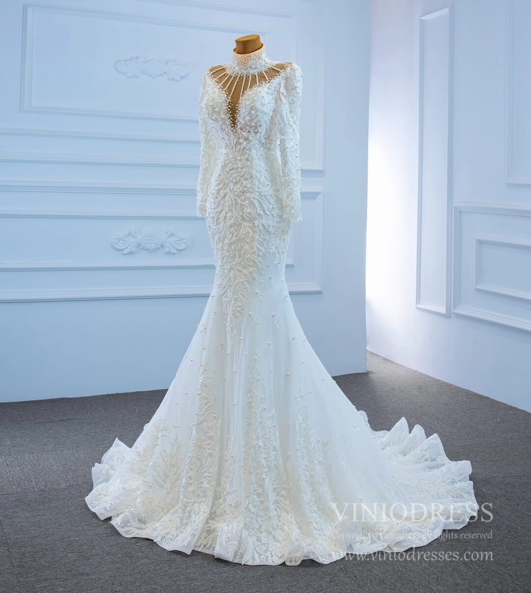 Vintage High Neck Pearl Mermaid Wedding Dresses with Long Sleeves 67219-wedding dresses 2025 -Viniodress-Ivory-Custom Size-