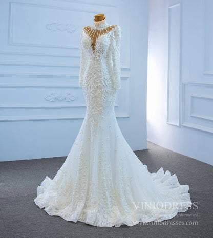 Vintage High Neck Pearl Mermaid Wedding Dresses with Long Sleeves 67219-wedding dresses 2025 -Viniodress-Ivory-Custom Size-