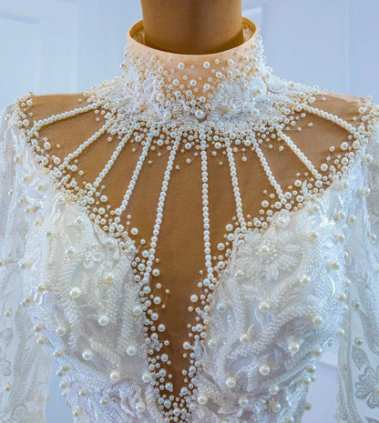 Vintage High Neck Pearl Mermaid Wedding Dresses with Long Sleeves 67219-wedding dresses 2025 -Viniodress-Ivory-Custom Size-