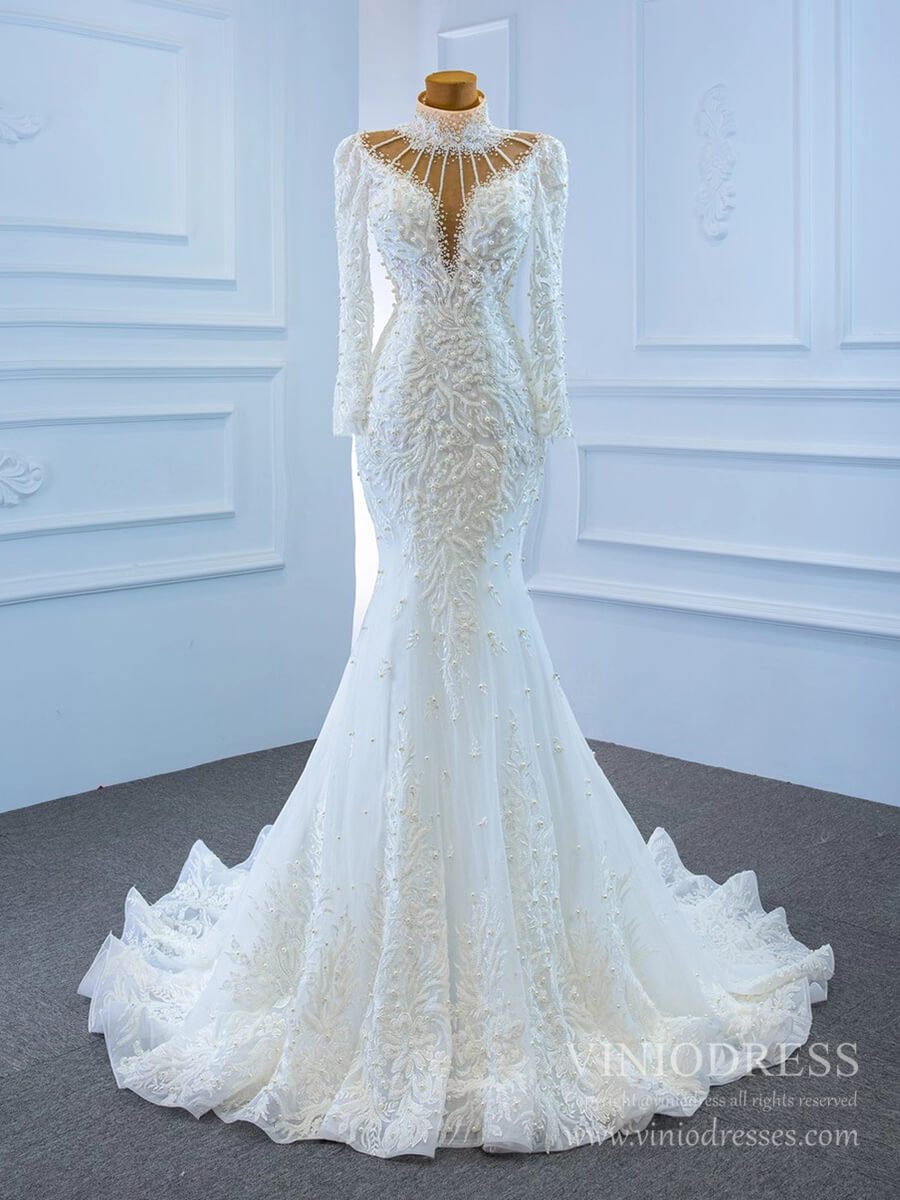Vintage High Neck Pearl Mermaid Wedding Dresses with Long Sleeves 67219-wedding dresses 2025 -Viniodress-Ivory-Custom Size-