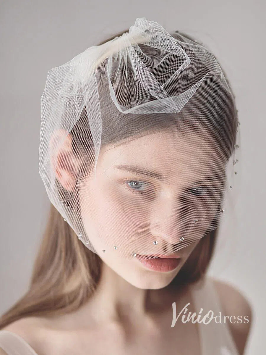 Vintage-Inspired Birdcage Veils with Tiny Crystals Blusher Veil ACC1081-Bridal Veil 2025 -Viniodress-Ivory-