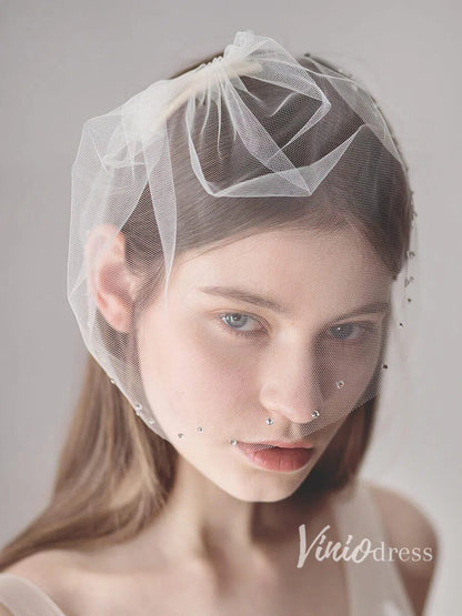 Vintage-Inspired Birdcage Veils with Tiny Crystals Blusher Veil ACC1081-Bridal Veil 2025 -Viniodress-Ivory-
