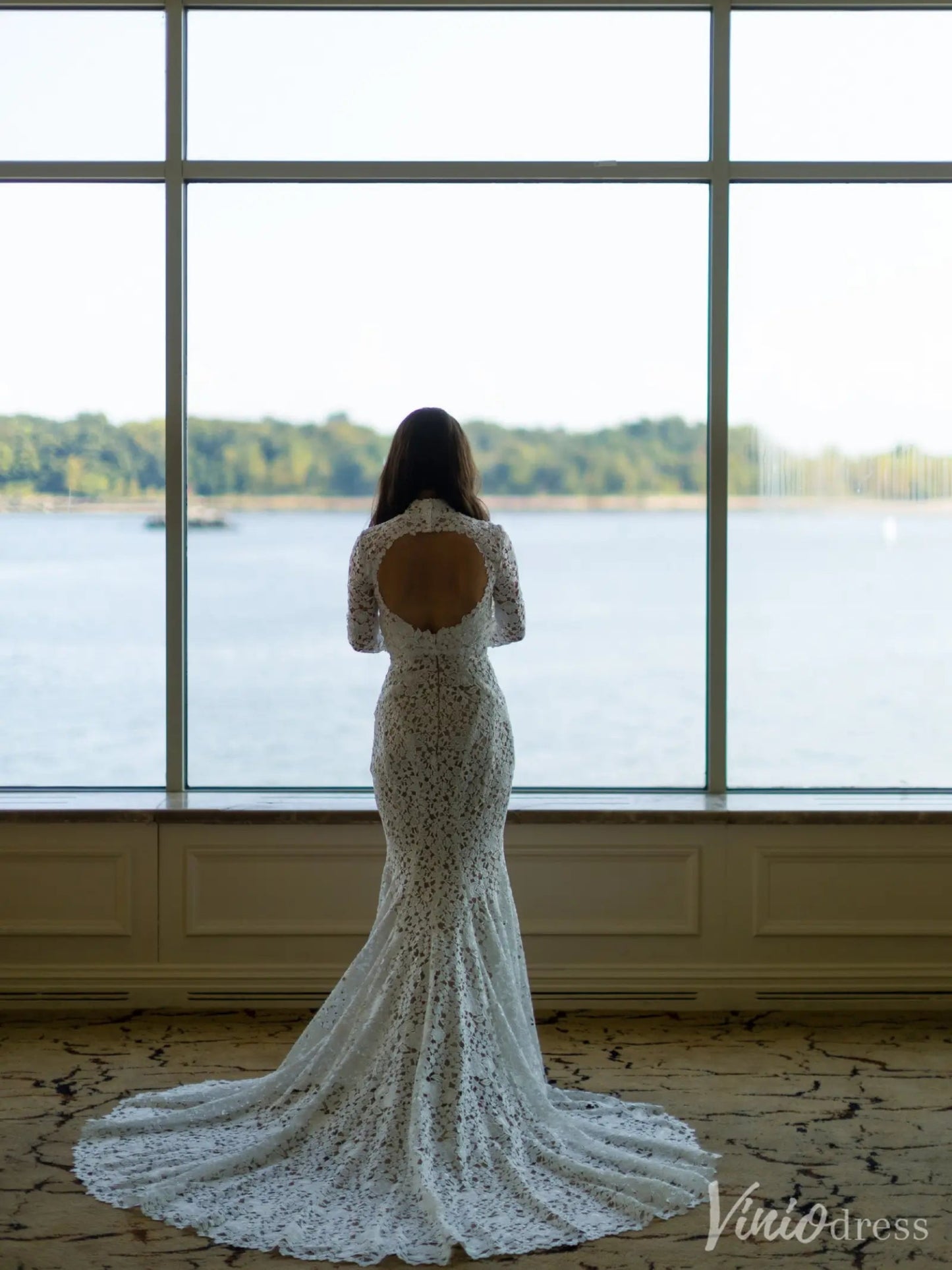 Vintage-Inspired Ivory Lace Wedding Dress with High Neck, Long Sleeves & Chapel Train – VW2503-wedding dresses 2025 -Viniodress-Ivory-Custom Size-