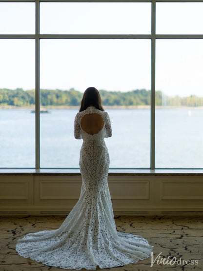 Vintage-Inspired Ivory Lace Wedding Dress with High Neck, Long Sleeves & Chapel Train – VW2503-wedding dresses 2025 -Viniodress-Ivory-Custom Size-