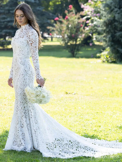 Vintage-Inspired Ivory Lace Wedding Dress with High Neck, Long Sleeves & Chapel Train – VW2503-wedding dresses 2025 -Viniodress-Ivory-Custom Size-