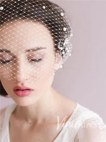 Vintage Ivory Mesh Birdcage Wedding Veils with Pearls ACC1085-Bridal Veil 2025 -Viniodress-Ivory-