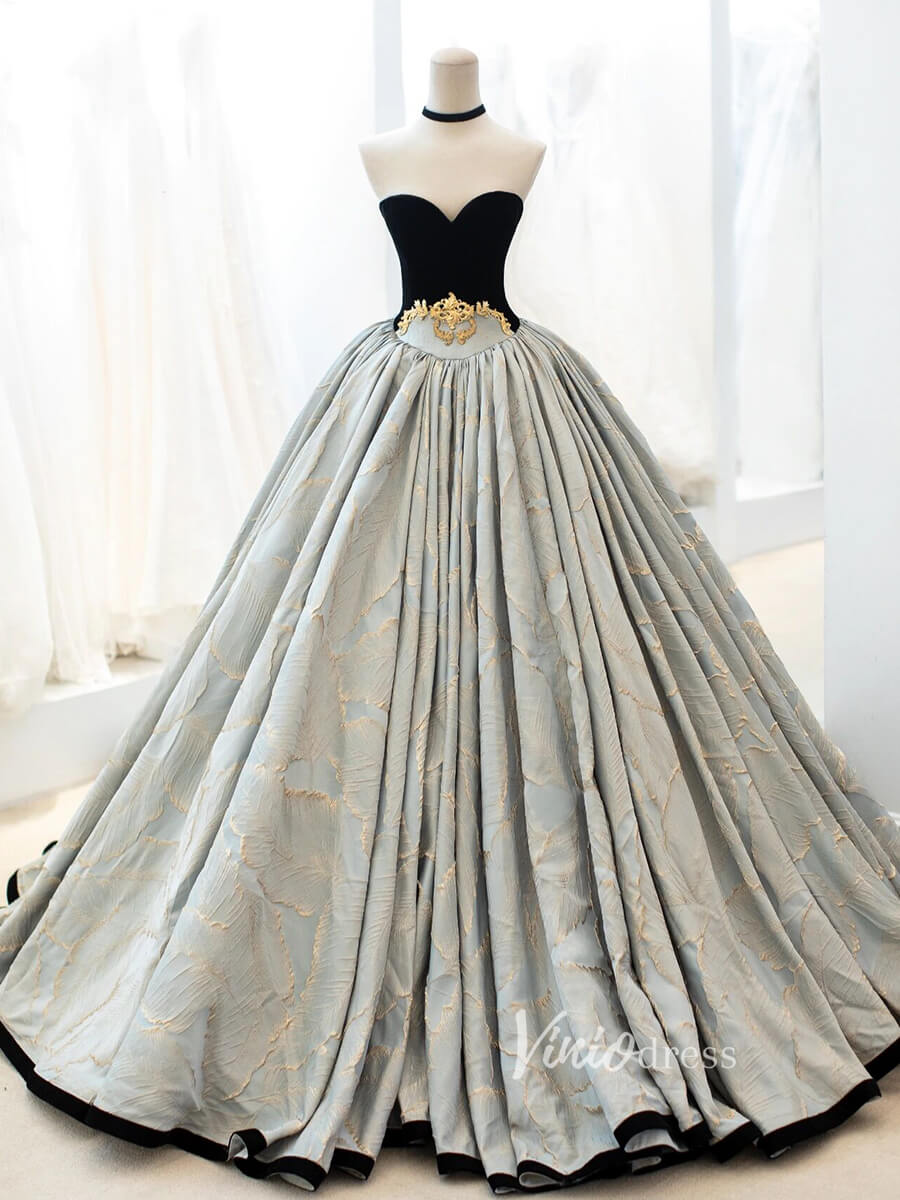 Vintage Jacquard Ball Gown Sweet 16 Dress Black Velvet Quince Dress FD2784-Quinceanera Dresses 2025 -Viniodress-Dusty Blue-Custom Size-