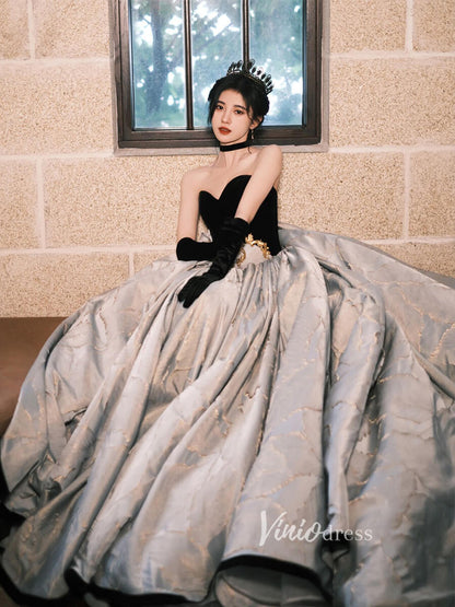 Vintage Jacquard Ball Gown Sweet 16 Dress Black Velvet Quince Dress FD2784-Quinceanera Dresses 2025 -Viniodress-Dusty Blue-Custom Size-