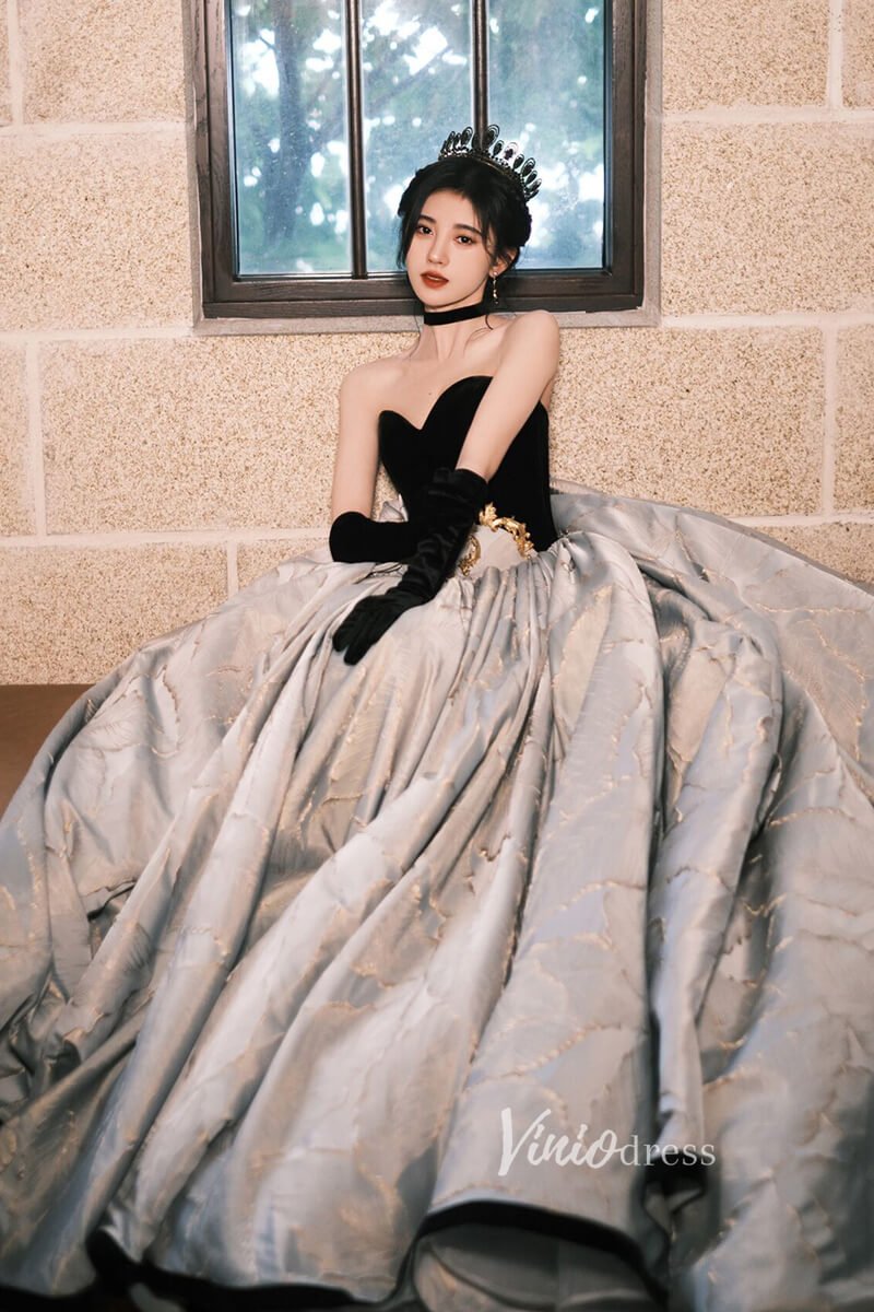 Vintage Jacquard Ball Gown Sweet 16 Dress Black Velvet Quince Dress FD2784-Quinceanera Dresses 2025 -Viniodress-Dusty Blue-Custom Size-