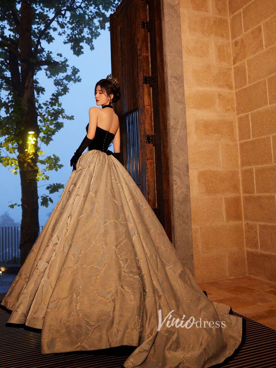 Vintage Jacquard Ball Gown Sweet 16 Dress Black Velvet Quince Dress FD2784-Quinceanera Dresses 2025 -Viniodress-Dusty Blue-Custom Size-
