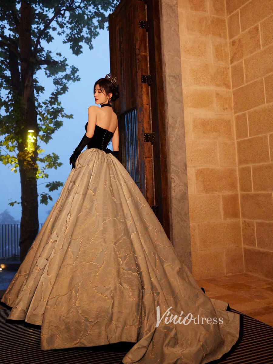 Vintage Jacquard Ball Gown Sweet 16 Dress Black Velvet Quince Dress FD2784-Quinceanera Dresses-Viniodress-Viniodress