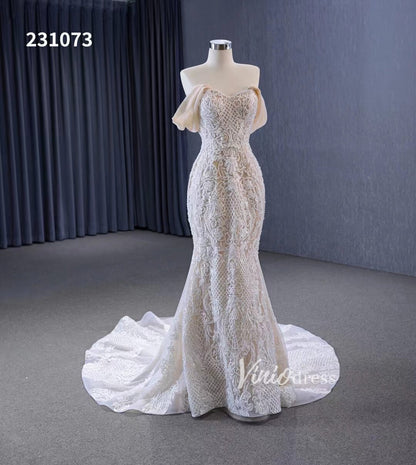 Vintage Lace Applique Wedding Dresses Mermaid Convertible Bridal Gown 231073-wedding dresses 2025 -Viniodress-Champagne-Custom Size-