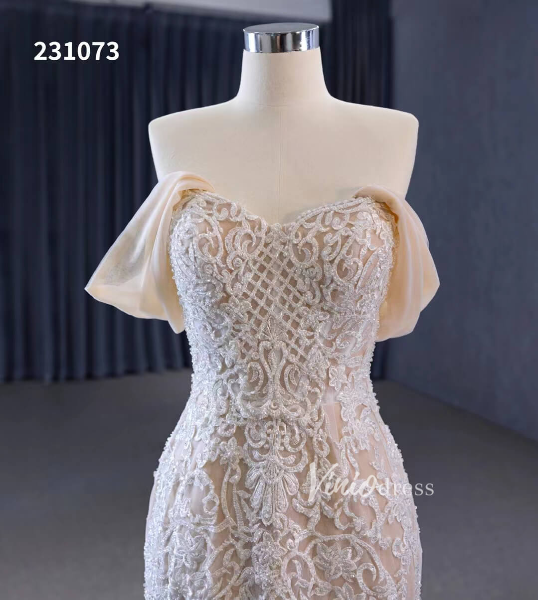 Vintage Lace Applique Wedding Dresses Mermaid Convertible Bridal Gown 231073-wedding dresses 2025 -Viniodress-Champagne-Custom Size-