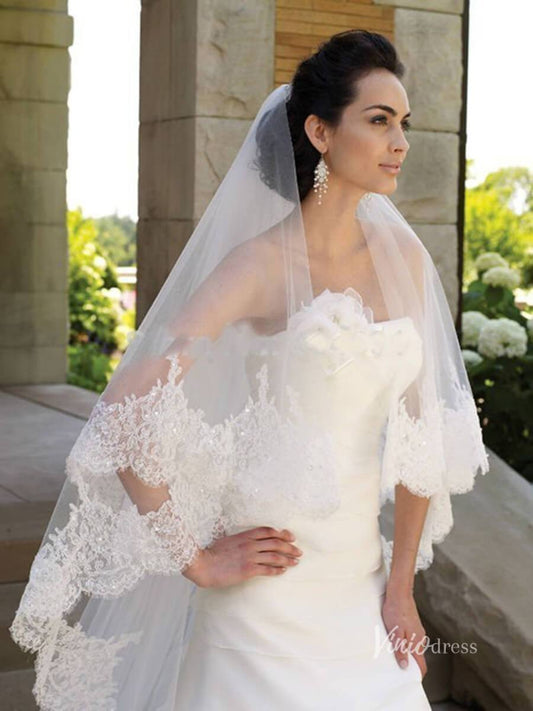 Vintage Lace Appliqued Long Veil with Blusher Viniodress-Bridal Veil 2025 -Viniodress-Ivory-