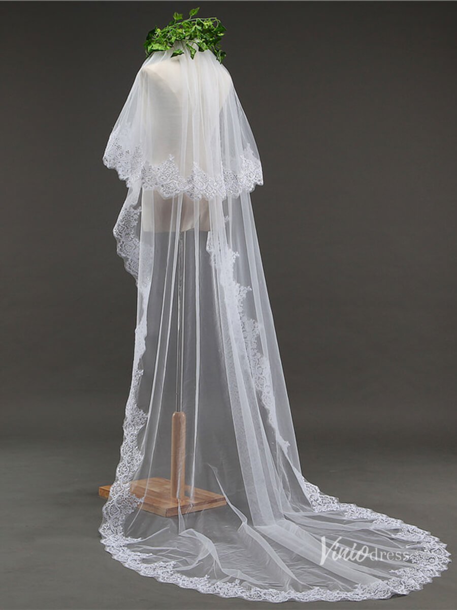 Vintage Lace Appliqued Long Veil with Blusher Viniodress-Bridal Veil 2025 -Viniodress-Ivory-