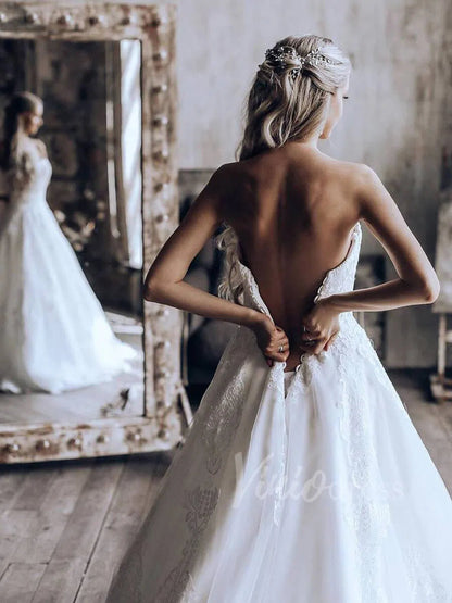 Vintage Lace Appliquéd Strapless Wedding Dress | Tulle Gown with Corset Back VW1281-wedding dresses 2025 -Viniodress-Ivory-Custom Size-