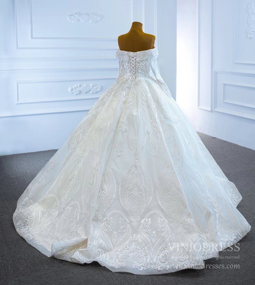 Vintage Lace Ball Gown Wedding Dresses with Sleeves 67206-wedding dresses 2025 -Viniodress-Ivory-Custom Size-