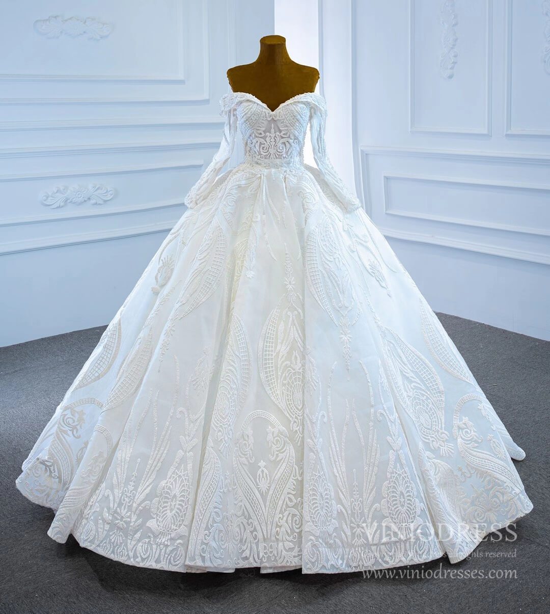 Vintage Lace Ball Gown Wedding Dresses with Sleeves 67206-wedding dresses 2025 -Viniodress-Ivory-Custom Size-