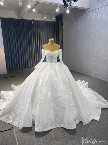 Vintage Lace Balll Gown Wedding Dresses Off the Shoulder Long Sleeves 231129-wedding dresses 2025 -Viniodress-Ivory-Custom Size-