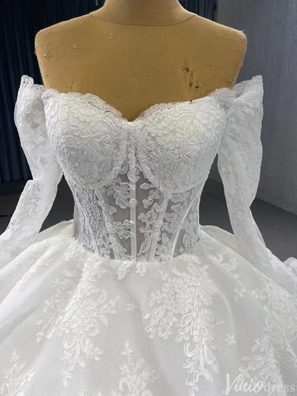 Vintage Lace Balll Gown Wedding Dresses Off the Shoulder Long Sleeves 231129-wedding dresses 2025 -Viniodress-Ivory-Custom Size-
