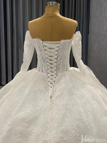 Vintage Lace Balll Gown Wedding Dresses Off the Shoulder Long Sleeves 231129-wedding dresses 2025 -Viniodress-Ivory-Custom Size-