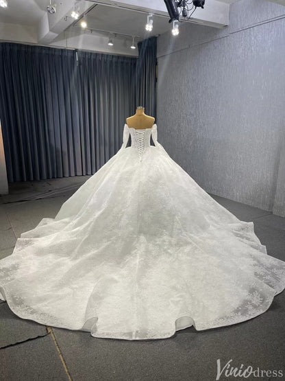 Vintage Lace Balll Gown Wedding Dresses Off the Shoulder Long Sleeves 231129-wedding dresses 2025 -Viniodress-Ivory-Custom Size-