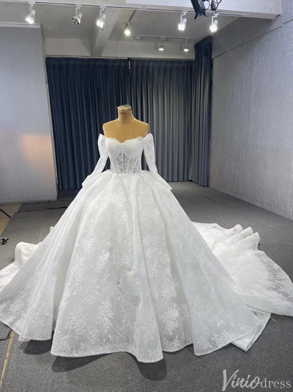 Vintage Lace Balll Gown Wedding Dresses Off the Shoulder Long Sleeves 231129-wedding dresses 2025 -Viniodress-Ivory-Custom Size-