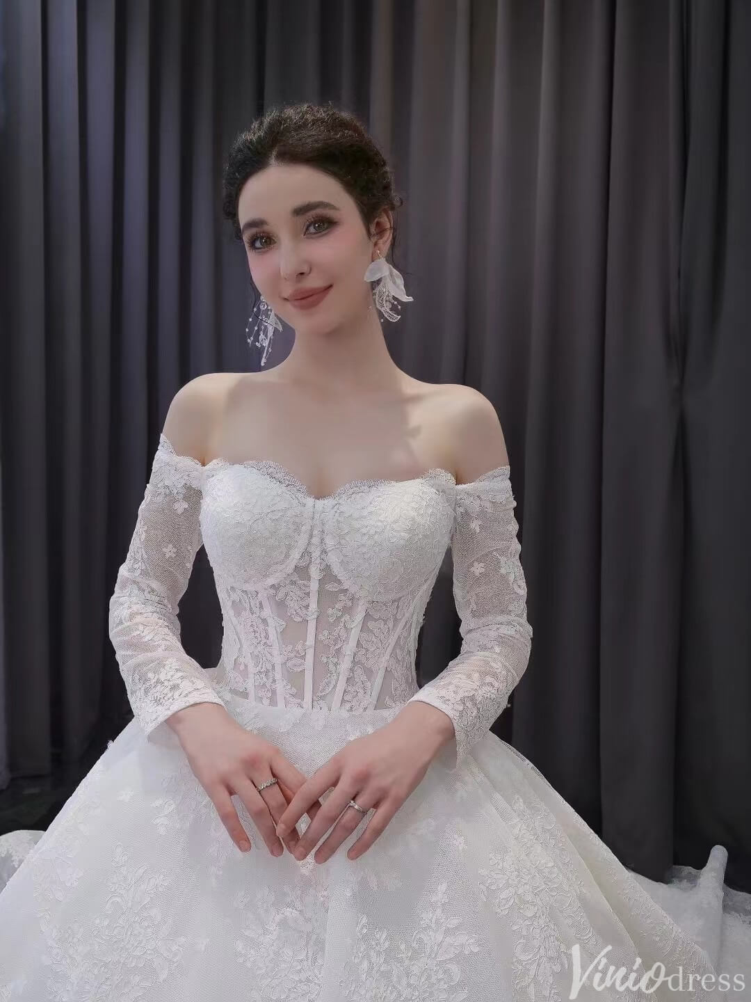 Vintage Lace Balll Gown Wedding Dresses Off the Shoulder Long Sleeves 231129-wedding dresses 2025 -Viniodress-Ivory-Custom Size-