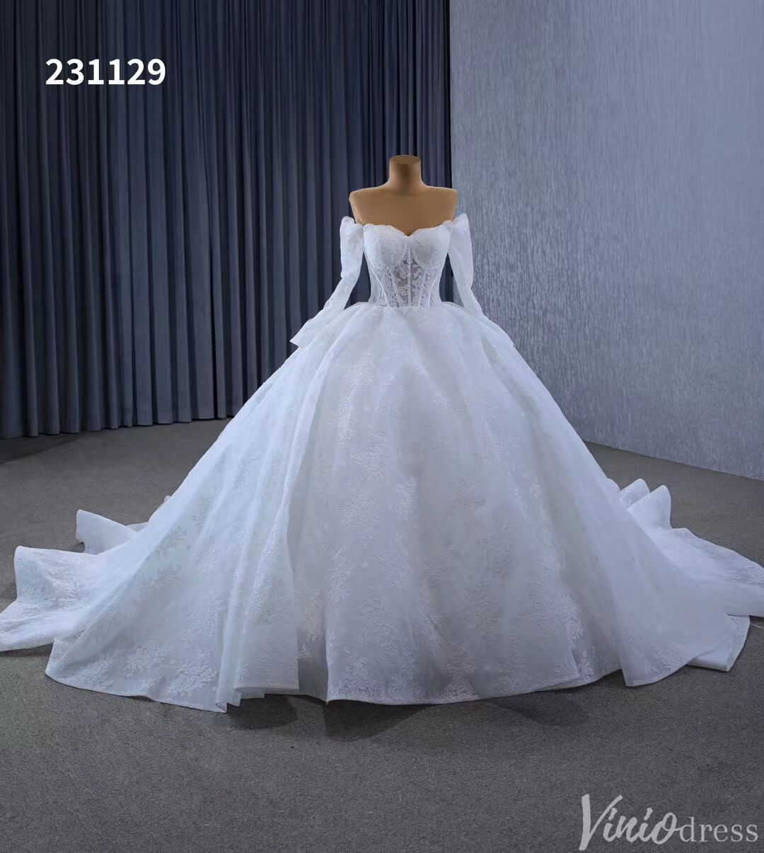 Vintage Lace Balll Gown Wedding Dresses Off the Shoulder Long Sleeves 231129-wedding dresses 2025 -Viniodress-Ivory-Custom Size-