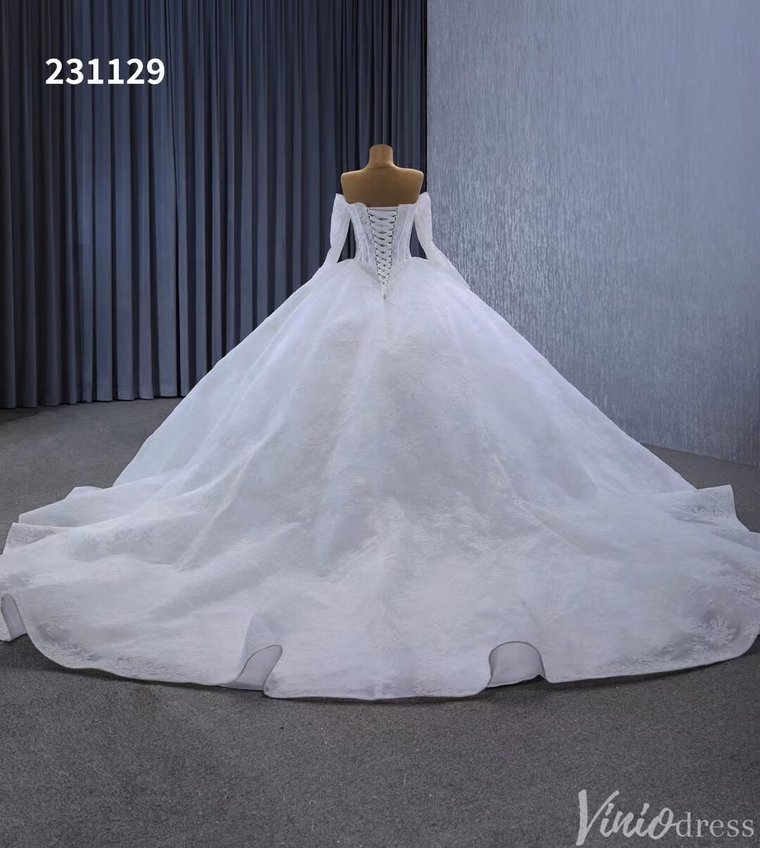 Vintage Lace Balll Gown Wedding Dresses Off the Shoulder Long Sleeves 231129-wedding dresses 2025 -Viniodress-Ivory-Custom Size-