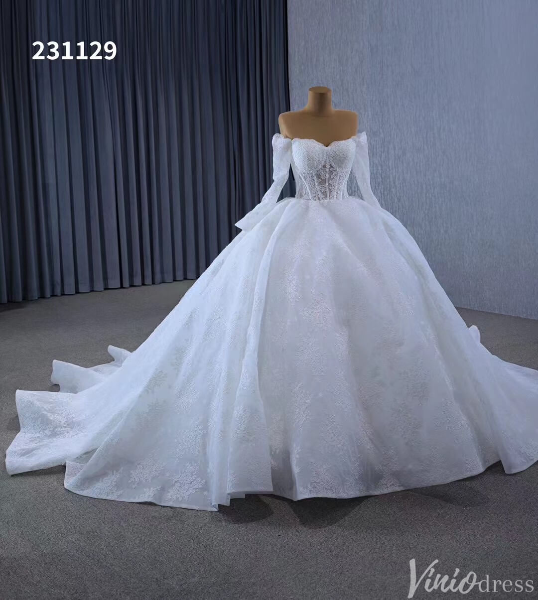 Vintage Lace Balll Gown Wedding Dresses Off the Shoulder Long Sleeves 231129-wedding dresses 2025 -Viniodress-Ivory-Custom Size-