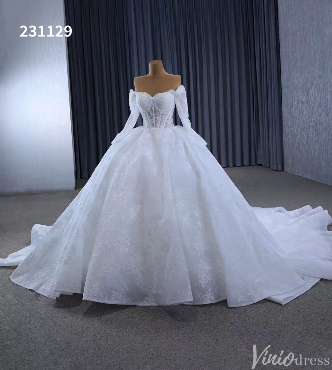 Vintage Lace Balll Gown Wedding Dresses Off the Shoulder Long Sleeves 231129-wedding dresses 2025 -Viniodress-Ivory-Custom Size-