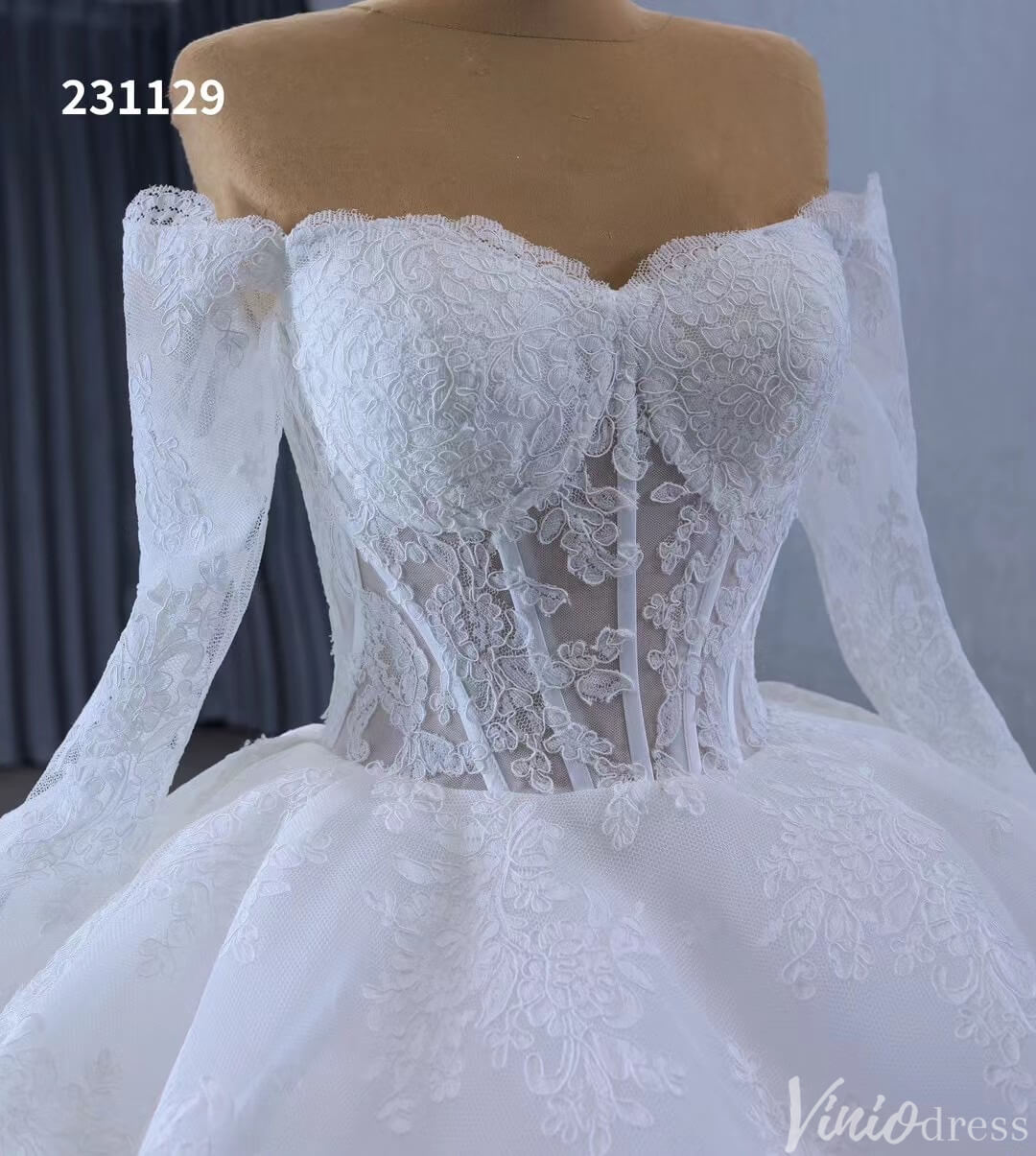 Vintage Lace Balll Gown Wedding Dresses Off the Shoulder Long Sleeves 231129-wedding dresses 2025 -Viniodress-Ivory-Custom Size-