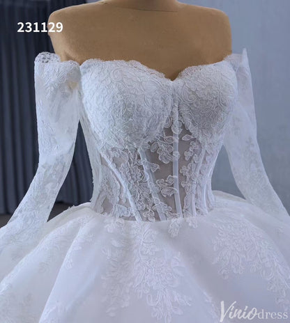Vintage Lace Balll Gown Wedding Dresses Off the Shoulder Long Sleeves 231129-wedding dresses 2025 -Viniodress-Ivory-Custom Size-