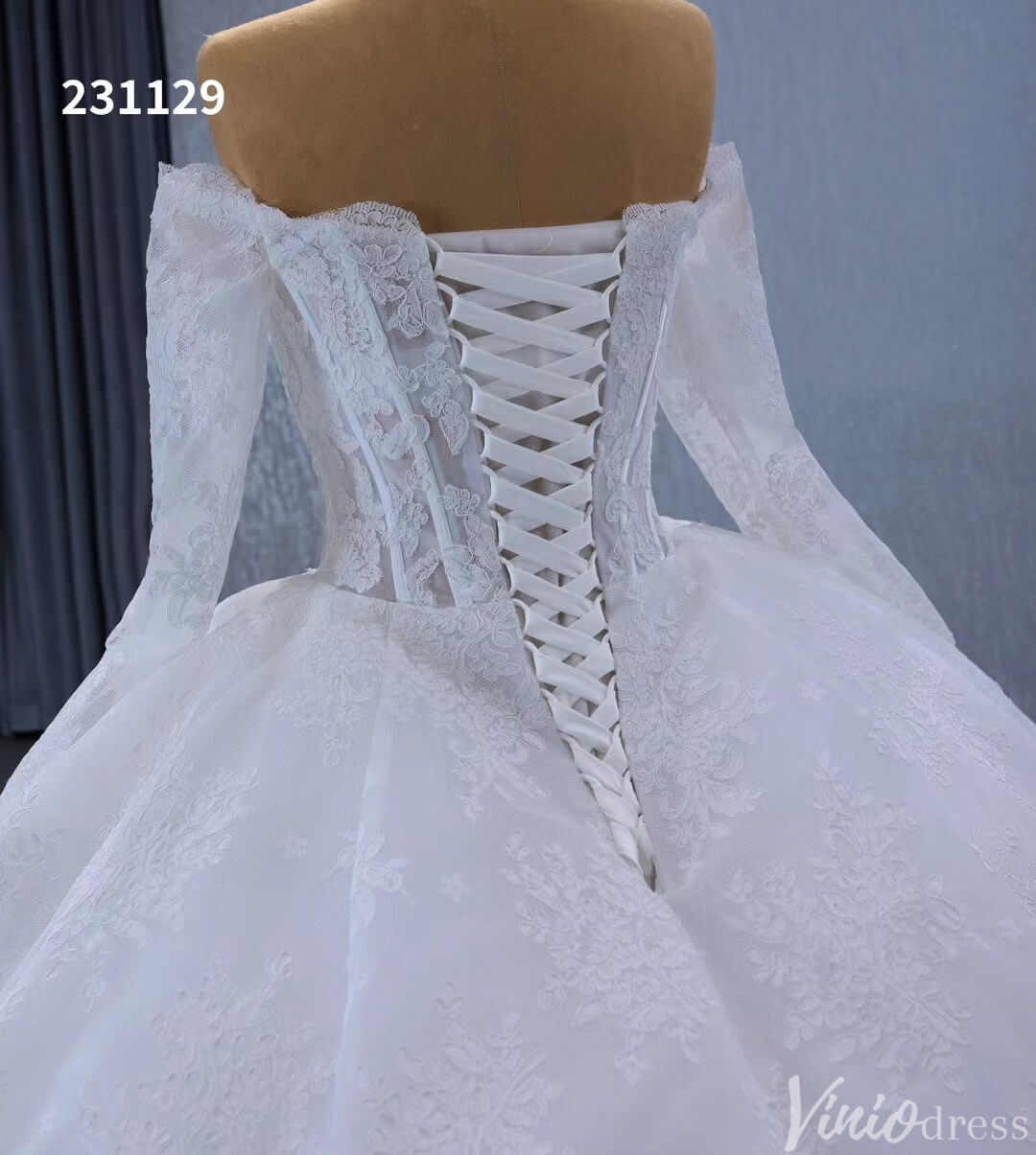 Vintage Lace Balll Gown Wedding Dresses Off the Shoulder Long Sleeves 231129-wedding dresses 2025 -Viniodress-Ivory-Custom Size-