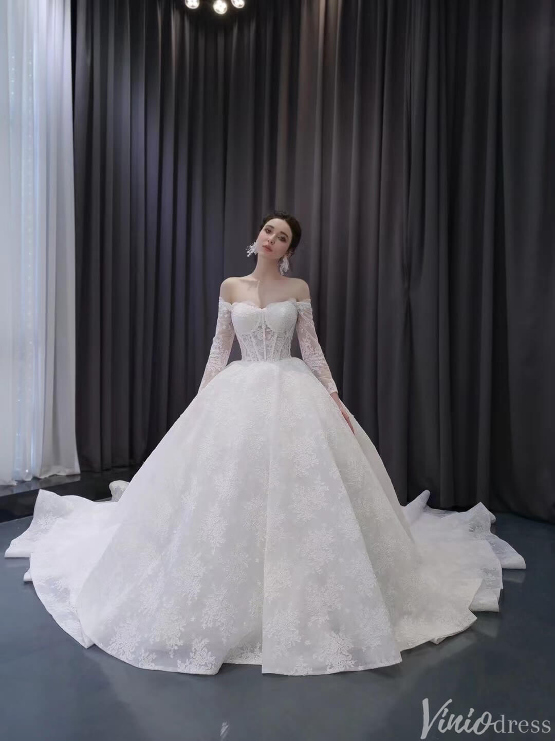 Vintage Lace Balll Gown Wedding Dresses Off the Shoulder Long Sleeves 231129-wedding dresses 2025 -Viniodress-Ivory-Custom Size-