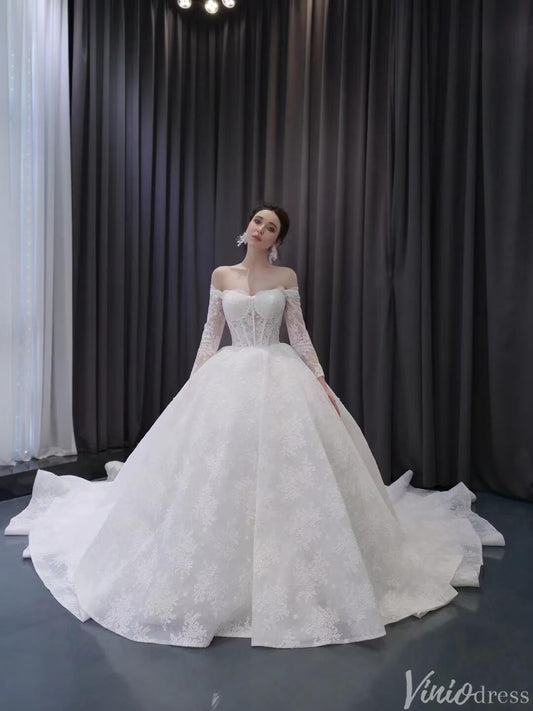 Vintage Lace Balll Gown Wedding Dresses Off the Shoulder Long Sleeves 231129-wedding dresses 2025 -Viniodress-Ivory-Custom Size-