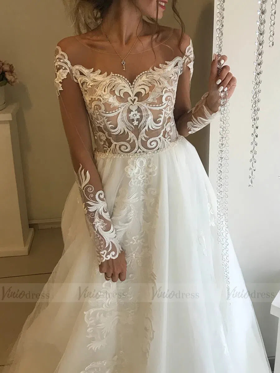 Vintage Lace Bohemian Wedding Dresses with Long Sleeves VW1342-wedding dresses-Viniodress-Viniodress