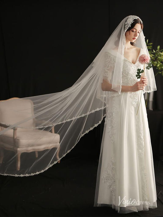 Vintage Lace Floor Length Bridal Veil Viniodress AC1303-Bridal Veil 2025 -Viniodress-Ivory-